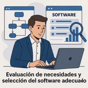 Ilustración de un profesional analizando opciones de software en una laptop, con diagramas y gráficos que representan el proceso de evaluación y selección tecnológica en empresas.