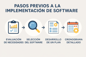 Infografía con cuatro íconos que ilustran los pasos previos a la implementación de software: evaluación de necesidades, selección del software, desarrollo de un plan y cronograma detallado.