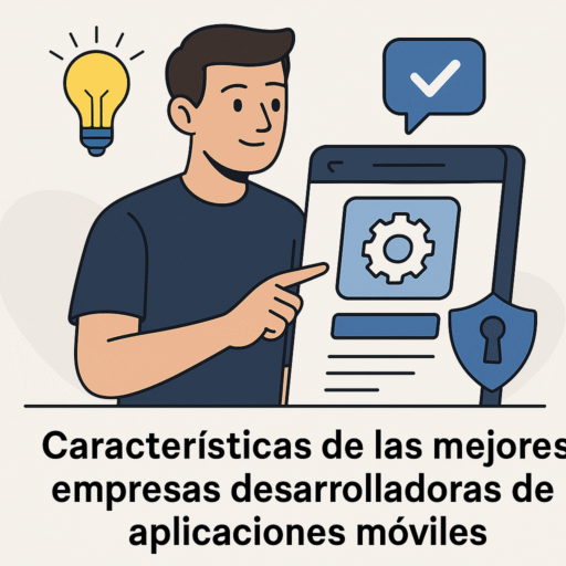 Ilustración de un desarrollador interactuando con una tablet que muestra engranajes y un ícono de seguridad, junto a una bombilla y un check, representando innovación, experiencia técnica y enfoque colaborativo.