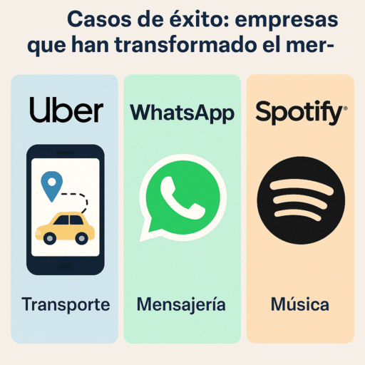 Infografía destacando tres casos de éxito en el desarrollo de apps: Uber para transporte, WhatsApp para mensajería y Spotify para música, con sus logos e íconos representativos en un diseño limpio.