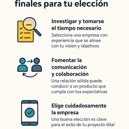 Infografía que resume tres recomendaciones clave: investigar con tiempo, fomentar la comunicación con la empresa y elegir cuidadosamente al socio tecnológico para asegurar el éxito del proyecto.