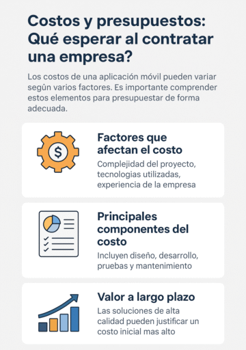 Infografía en español que explica factores clave en los costos de desarrollo de aplicaciones móviles, incluyendo complejidad del proyecto, componentes del costo y valor a largo plazo.