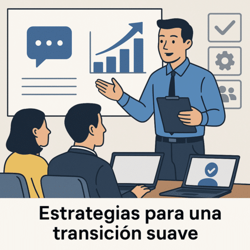 Ilustración de un profesional presentando estrategias de transición suave a dos empleados con laptops, frente a una pizarra con íconos de comunicación y crecimiento en un entorno corporativo.