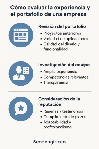 Infografía en español con tres bloques visuales que explican cómo evaluar una empresa: revisión del portafolio, investigación del equipo y consideración de la reputación, cada uno con su respectivo ícono e ideas clave.