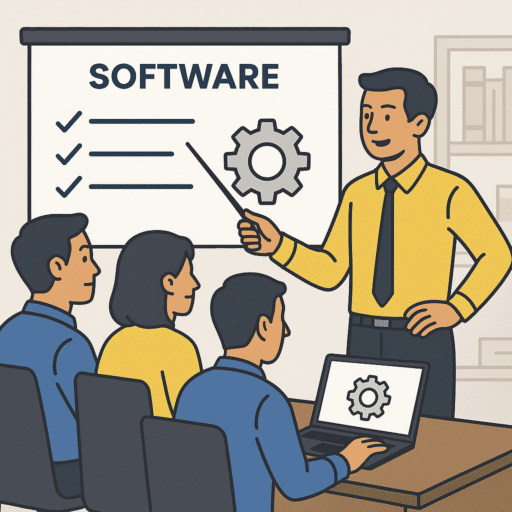 Ilustración de un instructor enseñando a un grupo de empleados en una sesión de capacitación sobre software, con laptops, proyector y elementos visuales de aprendizaje en una oficina.