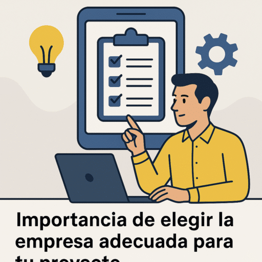 Ilustración de un profesional señalando una checklist en una pantalla mientras trabaja con una laptop, representando la evaluación cuidadosa de empresas para desarrollo de aplicaciones móviles.
