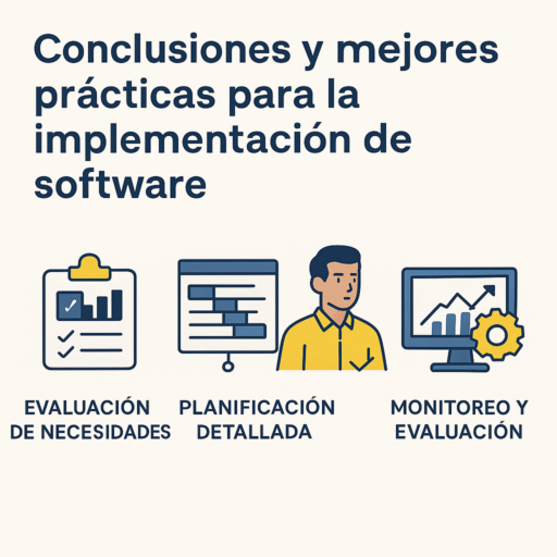 Infografía con íconos que resumen las mejores prácticas para implementar software: evaluación de necesidades, planificación detallada, y monitoreo y evaluación del rendimiento.