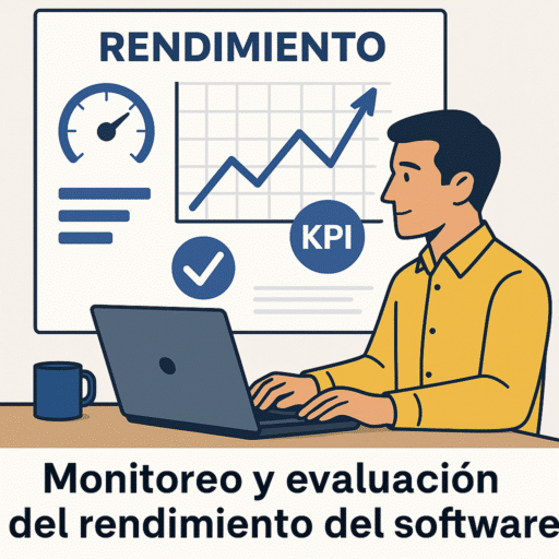 Ilustración de un profesional evaluando KPIs en su laptop frente a un tablero con gráficos de rendimiento, marcadores de velocidad y datos de monitoreo de software.