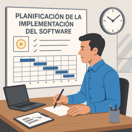 Ilustración de un profesional elaborando un plan de implementación de software frente a un cronograma de actividades, con laptop, gráficos y checklist en una oficina moderna.