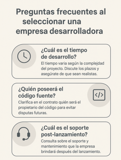 Infografía en español que responde tres preguntas clave sobre empresas de desarrollo de apps: tiempo de desarrollo, propiedad del código fuente y soporte post-lanzamiento.