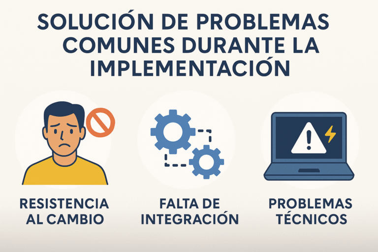 Infografía que ilustra tres desafíos comunes en la implementación de software: resistencia al cambio, falta de integración y problemas técnicos, con íconos representativos para cada uno.