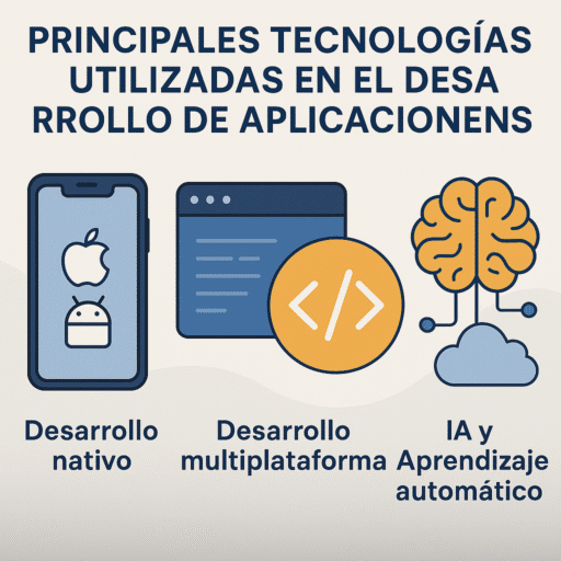 Infografía que muestra tres tecnologías clave en el desarrollo de apps móviles: desarrollo nativo, desarrollo multiplataforma y uso de inteligencia artificial y aprendizaje automático.